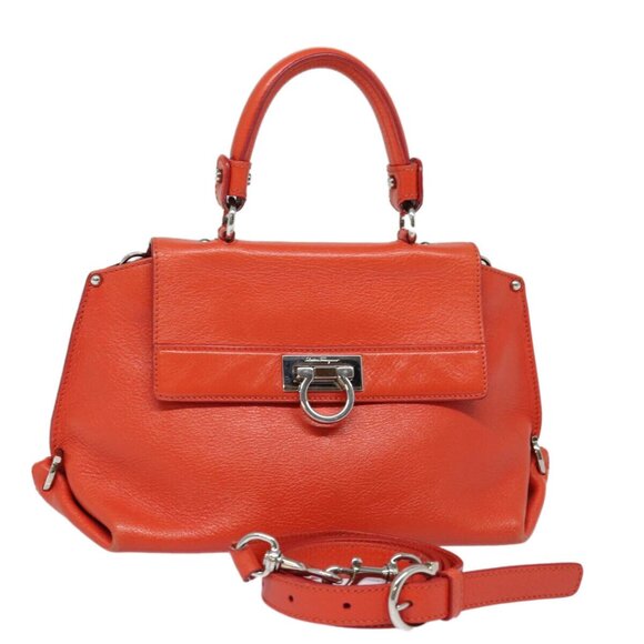 Salvatore Ferragamo Gancini Hand Bag Leather 2way Orange Auth - Picture 1 of 15